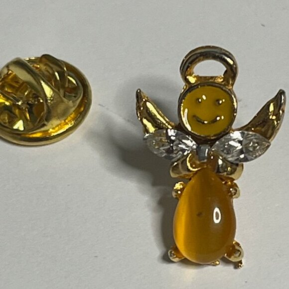 Angel of Happiness Gold Tone Rhinestone Wings Smiley Face Hat Vest Lapel Pin - Picture 9 of 14